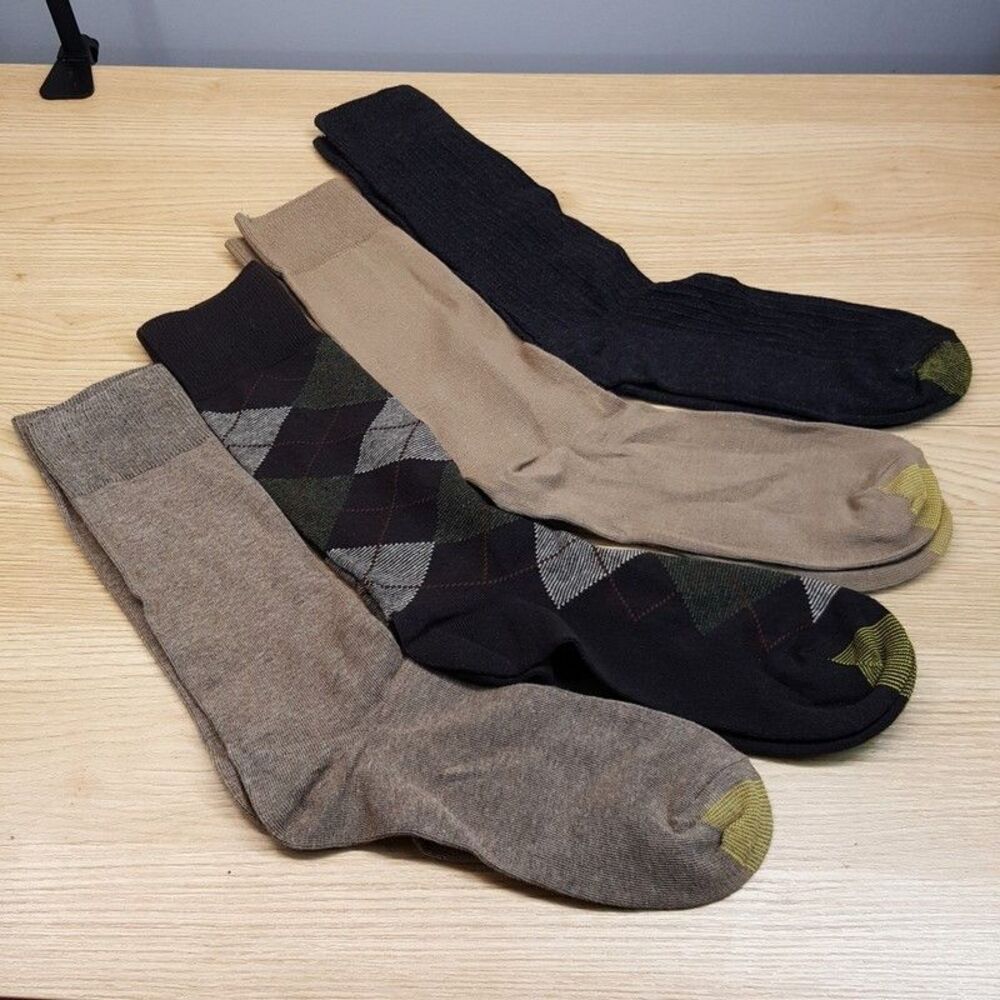 GOLD TOE Mens Crew Socks Tan Brown Gray Solid Argyle 4-Pack Knit Reinforced Toe